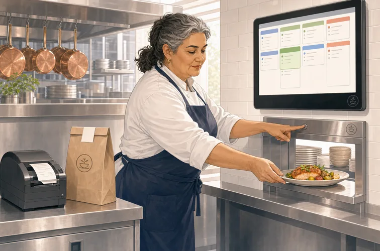 Chef tapping the bump button on a kitchen display while passing a plated dish
