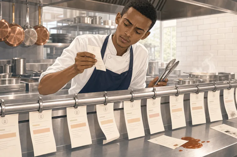 Cook squinting at a paper ticket on a crowded rail beside a sauce spill