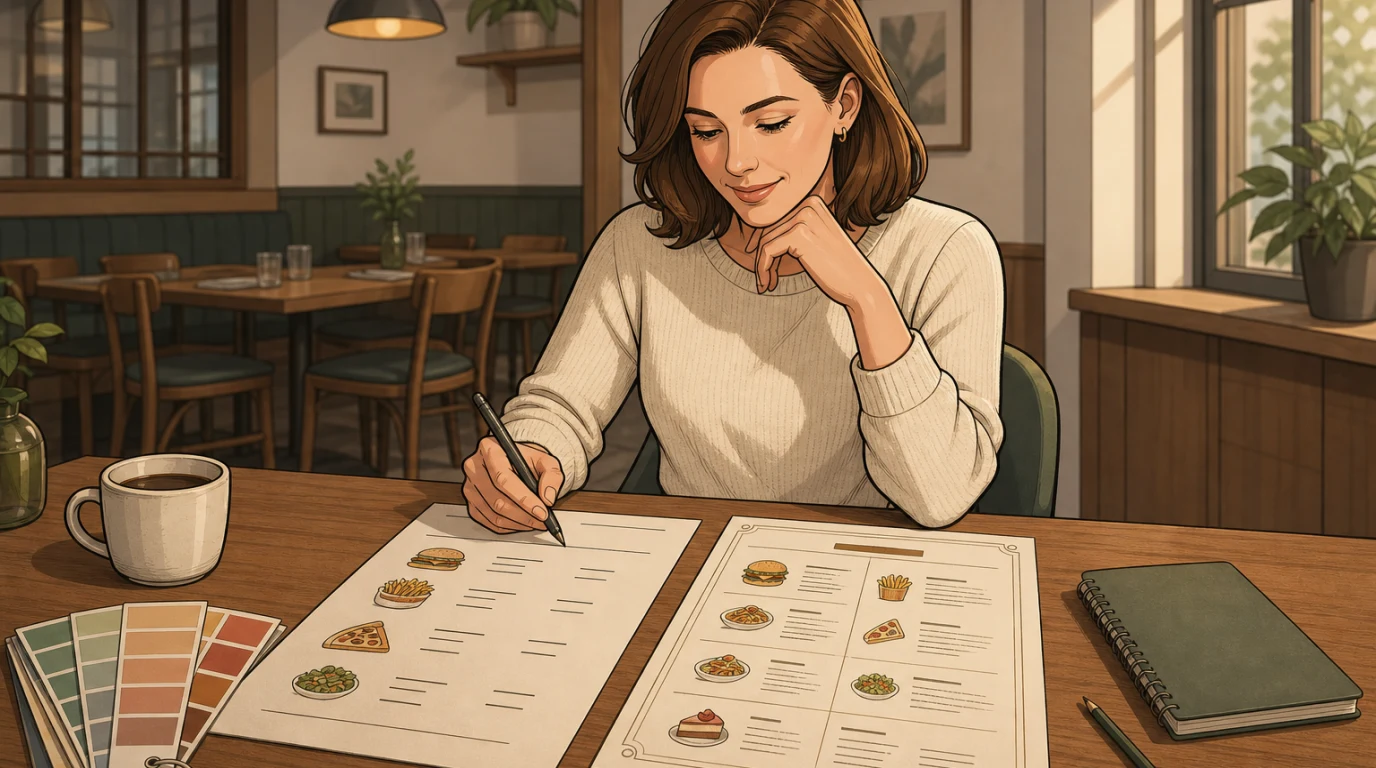 Designer marking up two menu drafts at a table with colour swatches and coffee