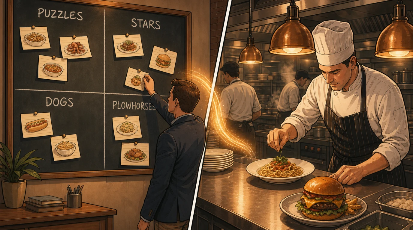 Manager pinning dish photos onto a chalkboard grid labelled stars, puzzles, dogs and plowhorses