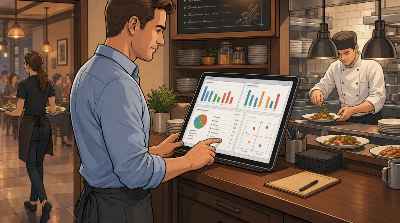 Manager reviewing sales charts on a tablet at the pass while a chef plates