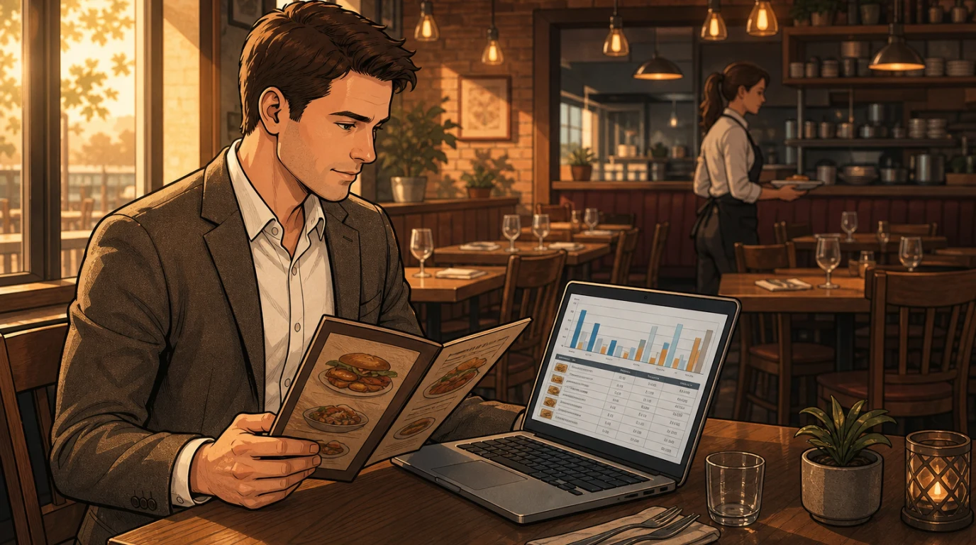 Owner comparing a printed menu against a laptop sales chart at a restaurant table