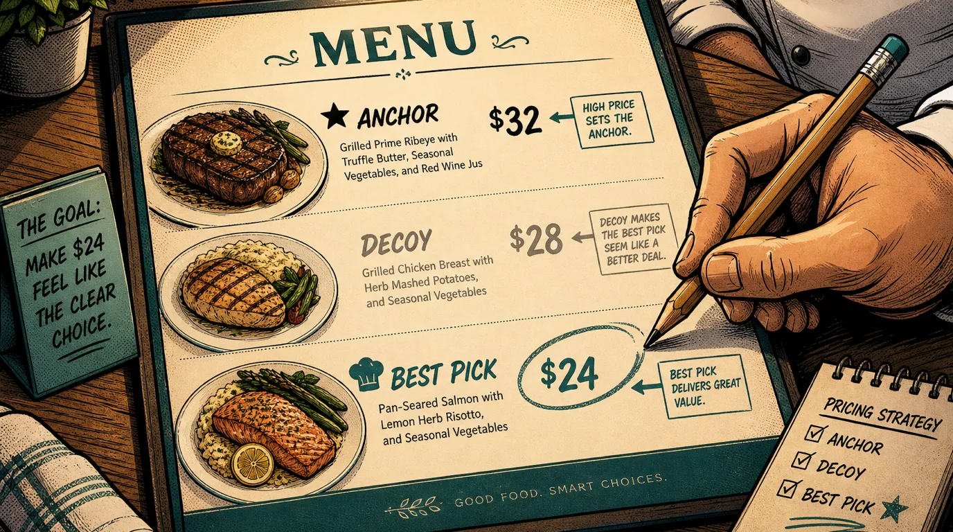 Restaurant menu with three items, a high priced anchor, a played down decoy, and a target best pick in teal