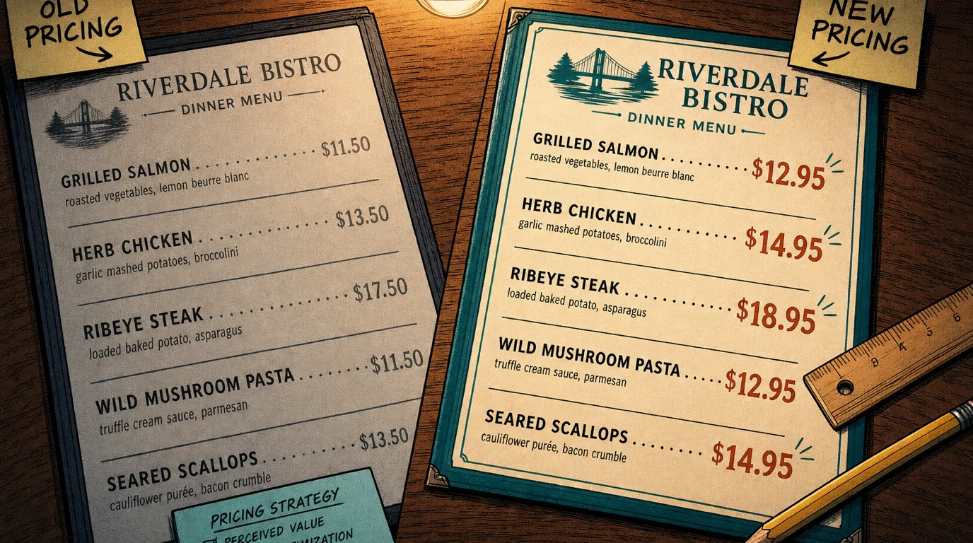 Two restaurant menus side by side, an old version with round number prices and a redesign with .95 endings