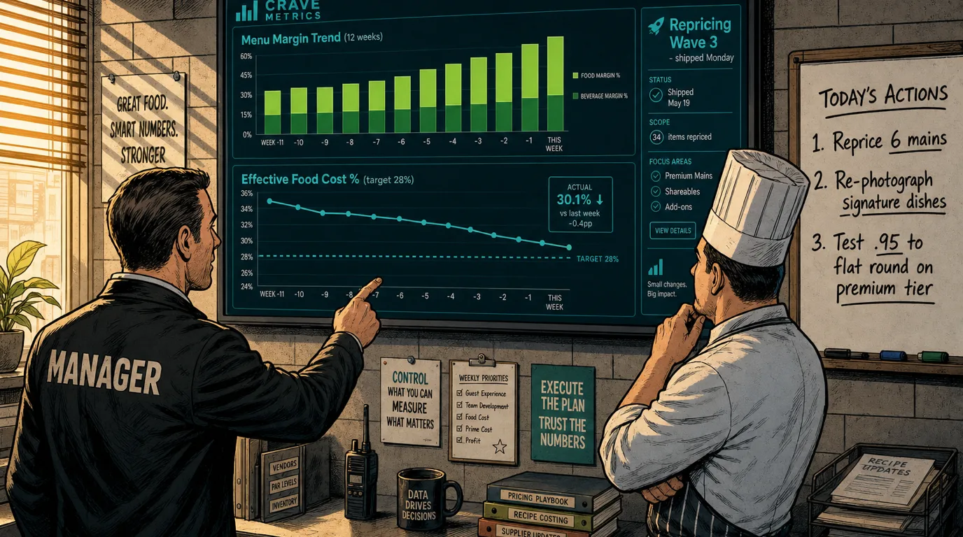 Restaurant manager and chef reviewing a dashboard of menu margin trend and food cost against target