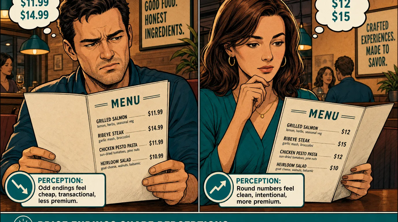 Two panel illustration comparing diners reading menus, one priced with .99 endings, the other with round numbers