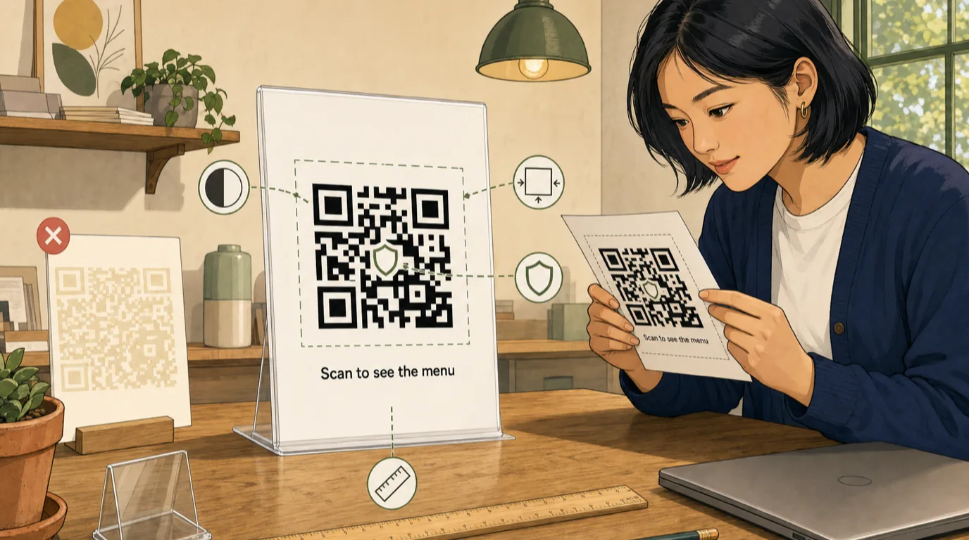 Especificaciones de diseño para un código QR impreso de un restaurante: tamaño mínimo, contraste, zona de seguridad, ejemplo de corrección de errores