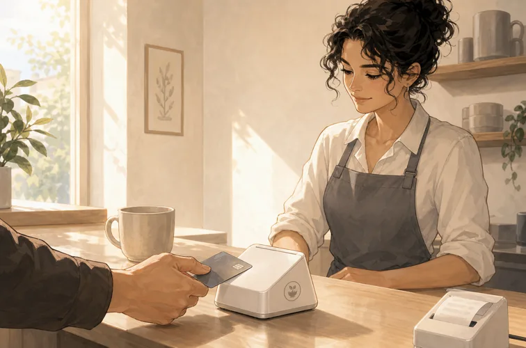 Customer tapping a bank card on a countertop terminal held by an aproned barista