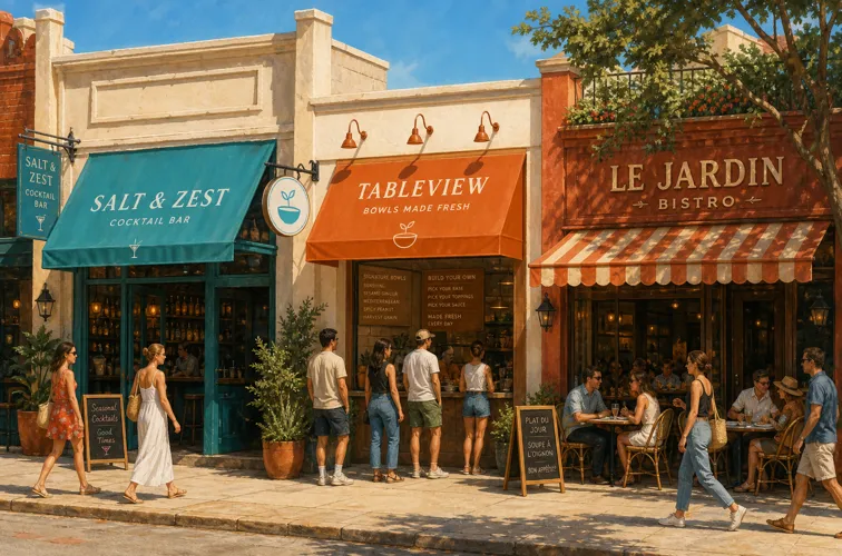 Cocktail bar, fast casual counter and sidewalk bistro sharing one sunny commercial street