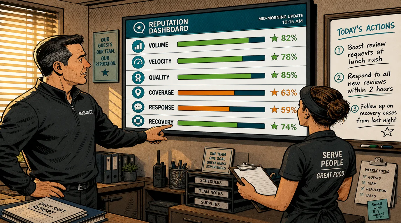 Restaurant manager and server reviewing a reputation dashboard with six dimension bars in the back office